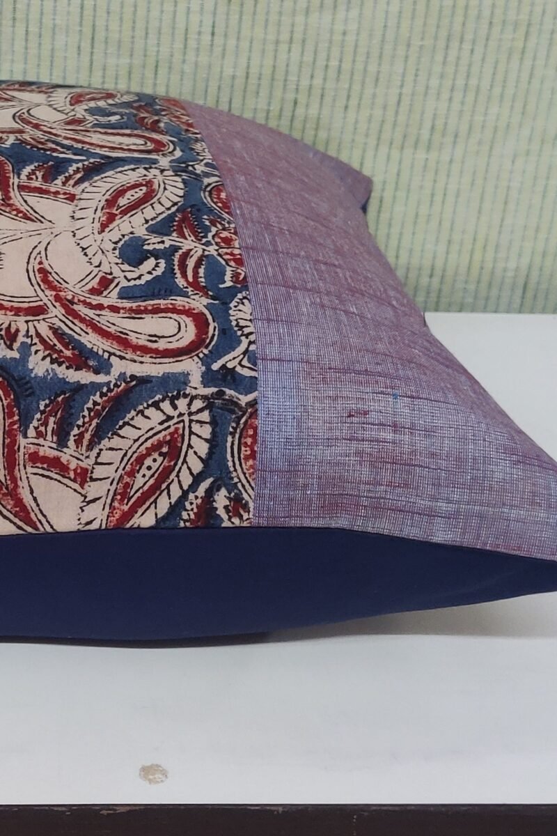 Cozy Cushion: Shaded Blue and Maroon Mangalgiri with Kalamkari Cushion Cover 16" X 16" - Image 4