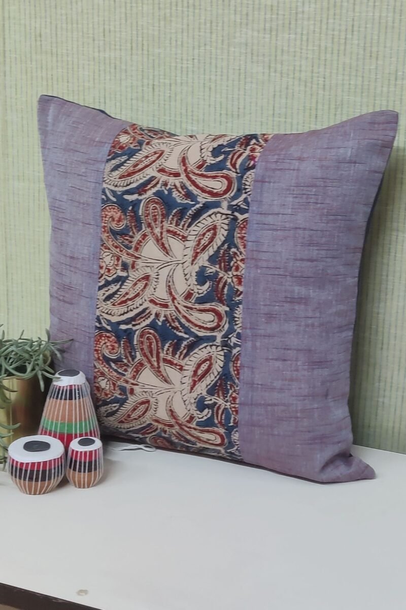 Cozy Cushion: Shaded Blue and Maroon Mangalgiri with Kalamkari Cushion Cover 16" X 16" - Image 5