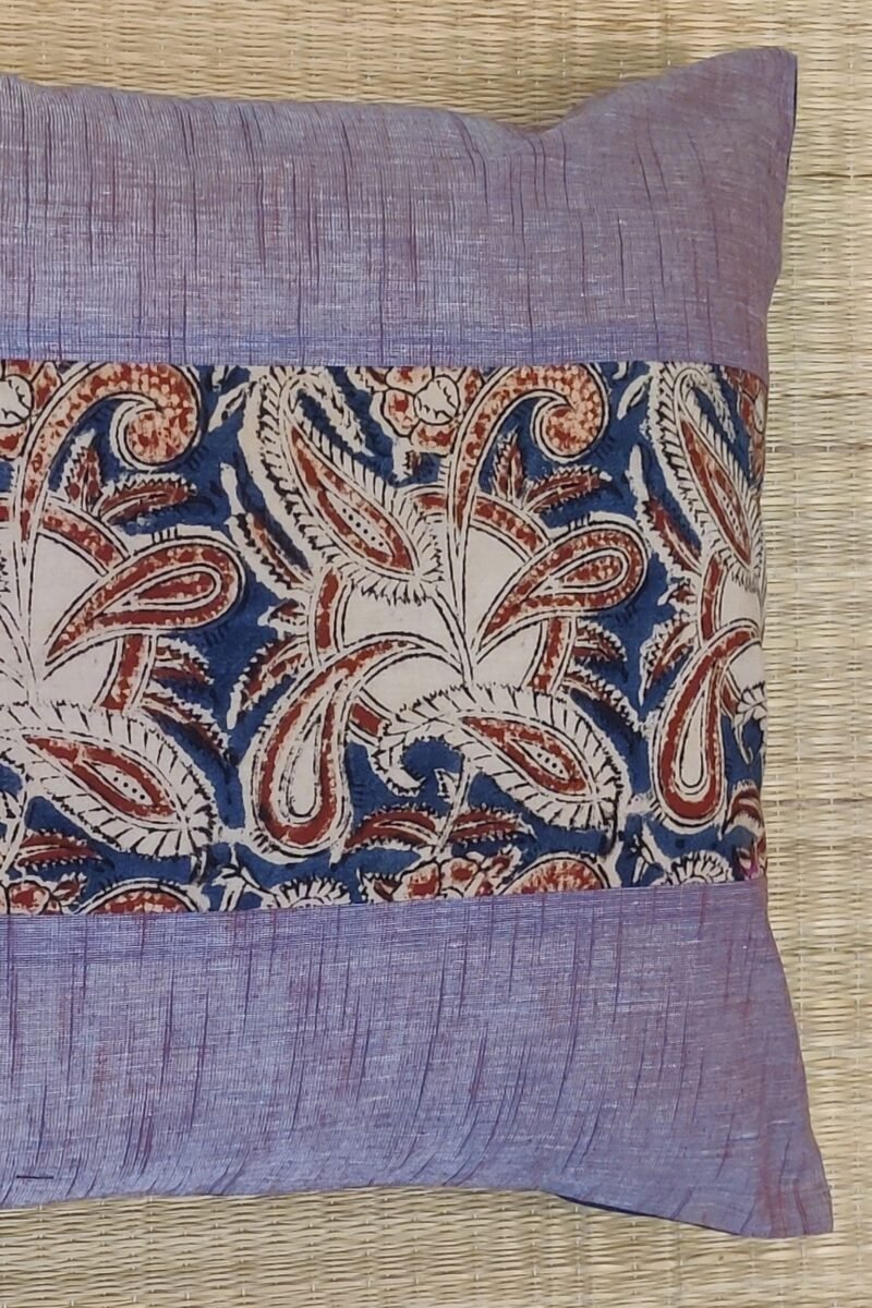 Cozy Cushion: Shaded Blue and Maroon Mangalgiri with Kalamkari Cushion Cover 16" X 16" - Image 6