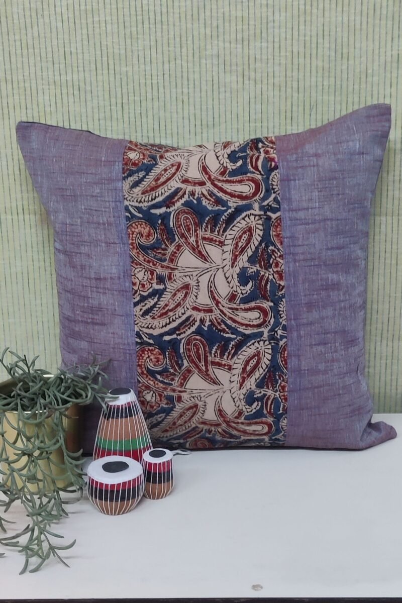 Cozy Cushion: Shaded Blue and Maroon Mangalgiri with Kalamkari Cushion Cover 16" X 16"