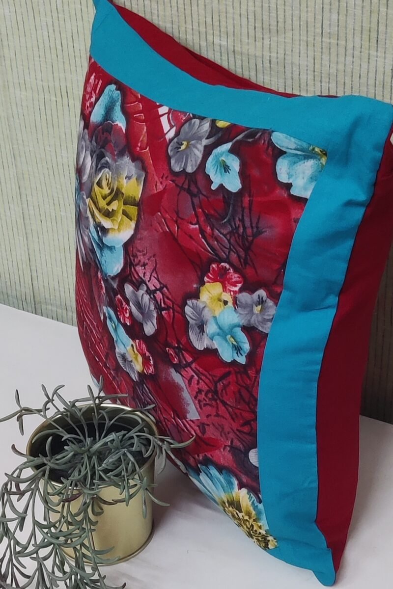 Cozy Cushion: Red Cotton with Teal Blue and Green Flowers Print Cushion Cover 16" X 16" - Image 2
