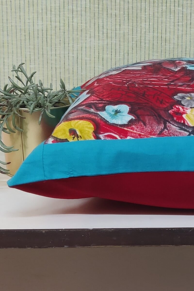 Cozy Cushion: Red Cotton with Teal Blue and Green Flowers Print Cushion Cover 16" X 16" - Image 3