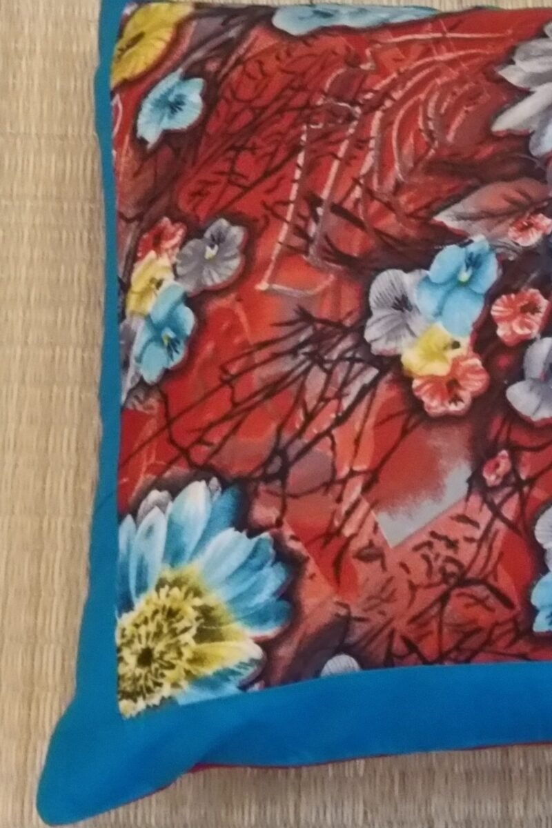 Cozy Cushion: Red Cotton with Teal Blue and Green Flowers Print Cushion Cover 16" X 16" - Image 4