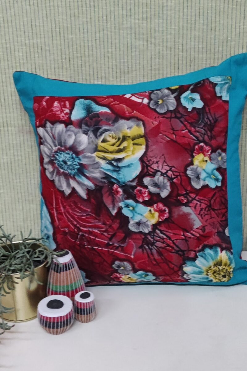 Cozy Cushion: Red Cotton with Teal Blue and Green Flowers Print Cushion Cover 16" X 16"