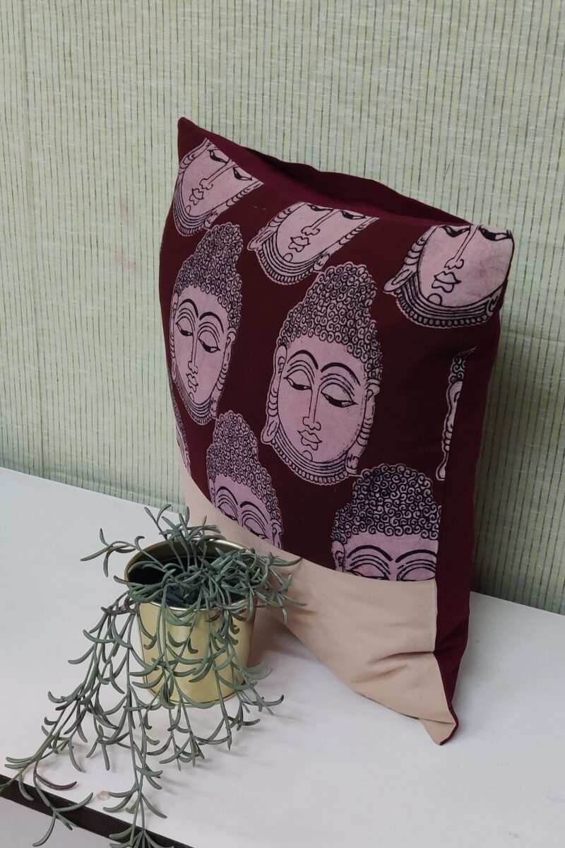Cozy Cushion: Fawn and Buddha Print Kalmkari Cotton Cushion Cover 16" X 16" - Image 2