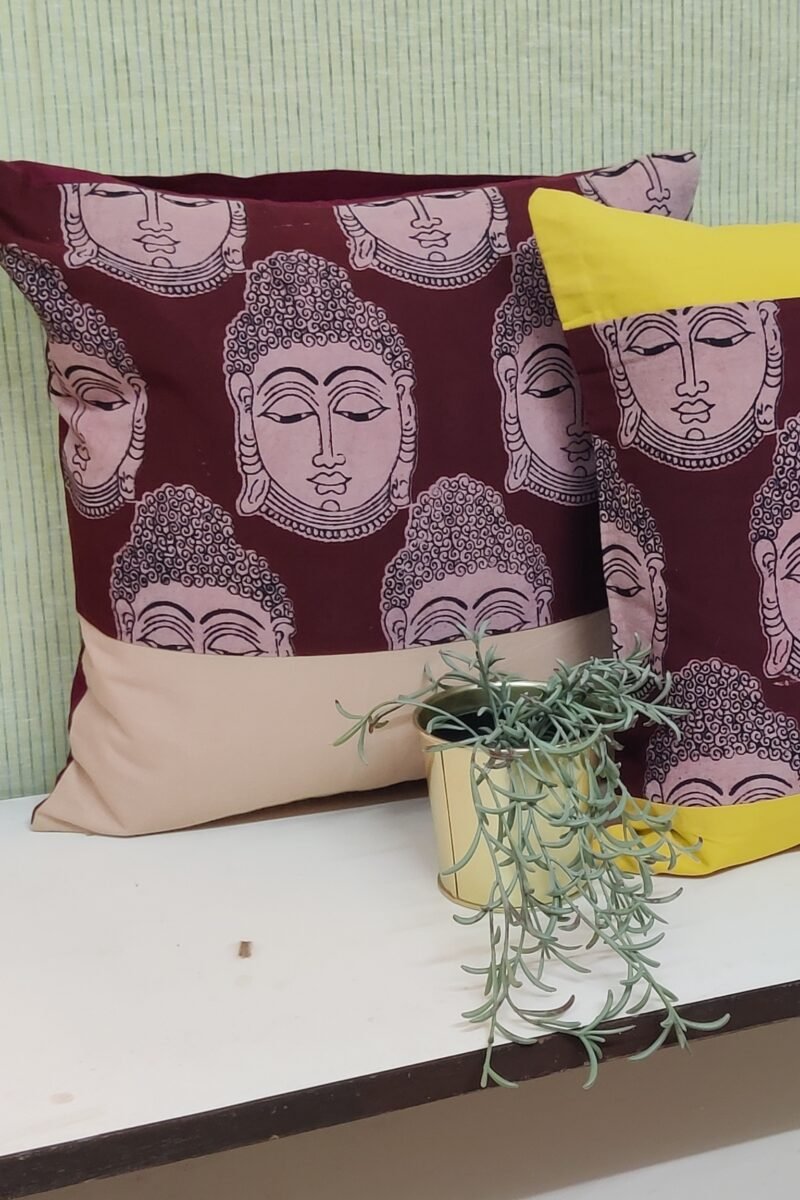 Cozy Cushion: Fawn and Buddha Print Kalmkari Cotton Cushion Cover 16" X 16" - Image 5