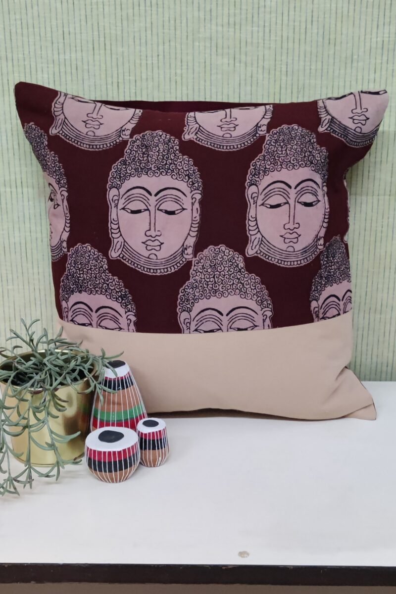 Cozy Cushion: Fawn and Buddha Print Kalmkari Cotton Cushion Cover 16" X 16"
