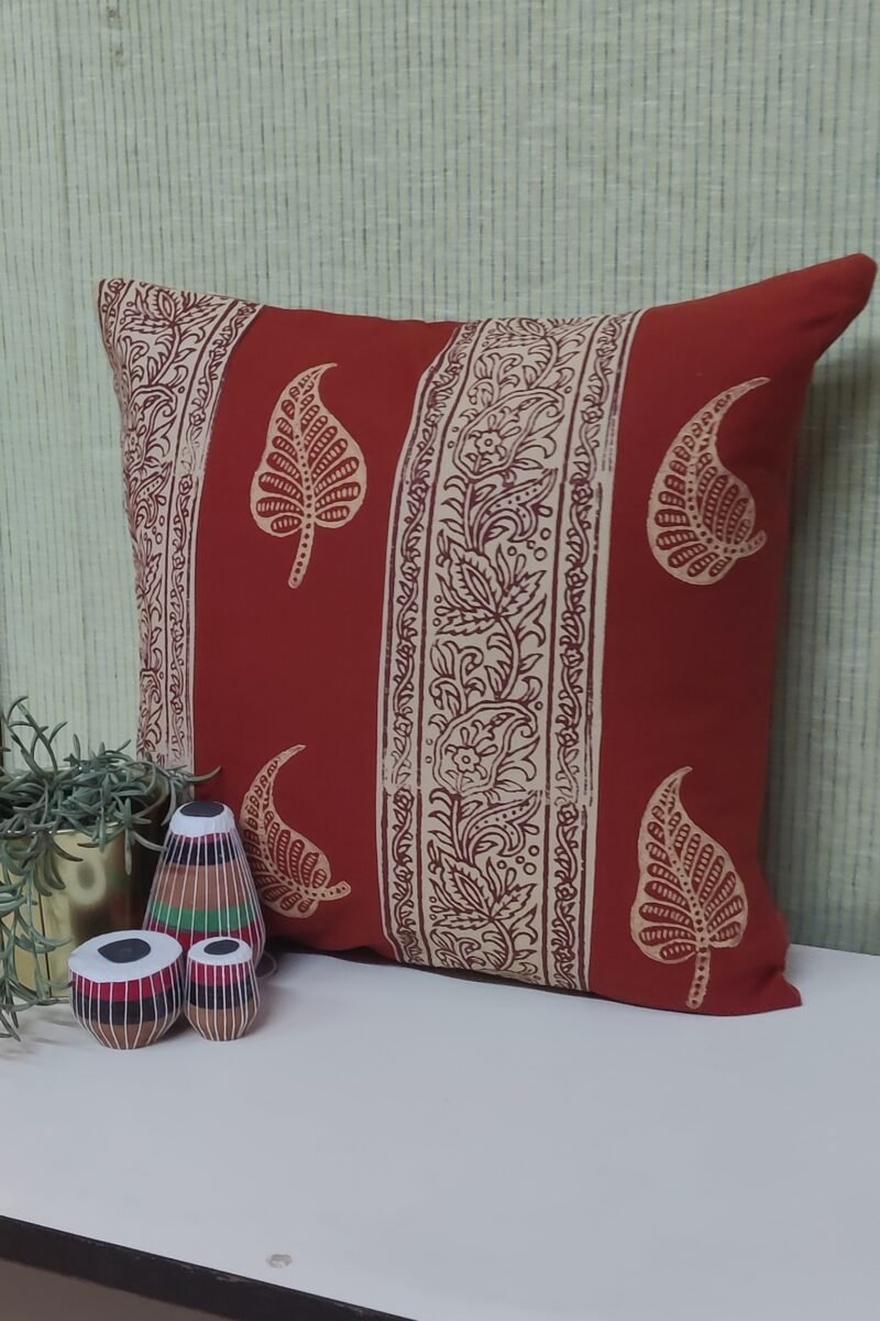 Cozy Cushion: Fawn and Rust With Single Leaf Hand Block Printed Cushion Cover 16" X 16" - Image 2