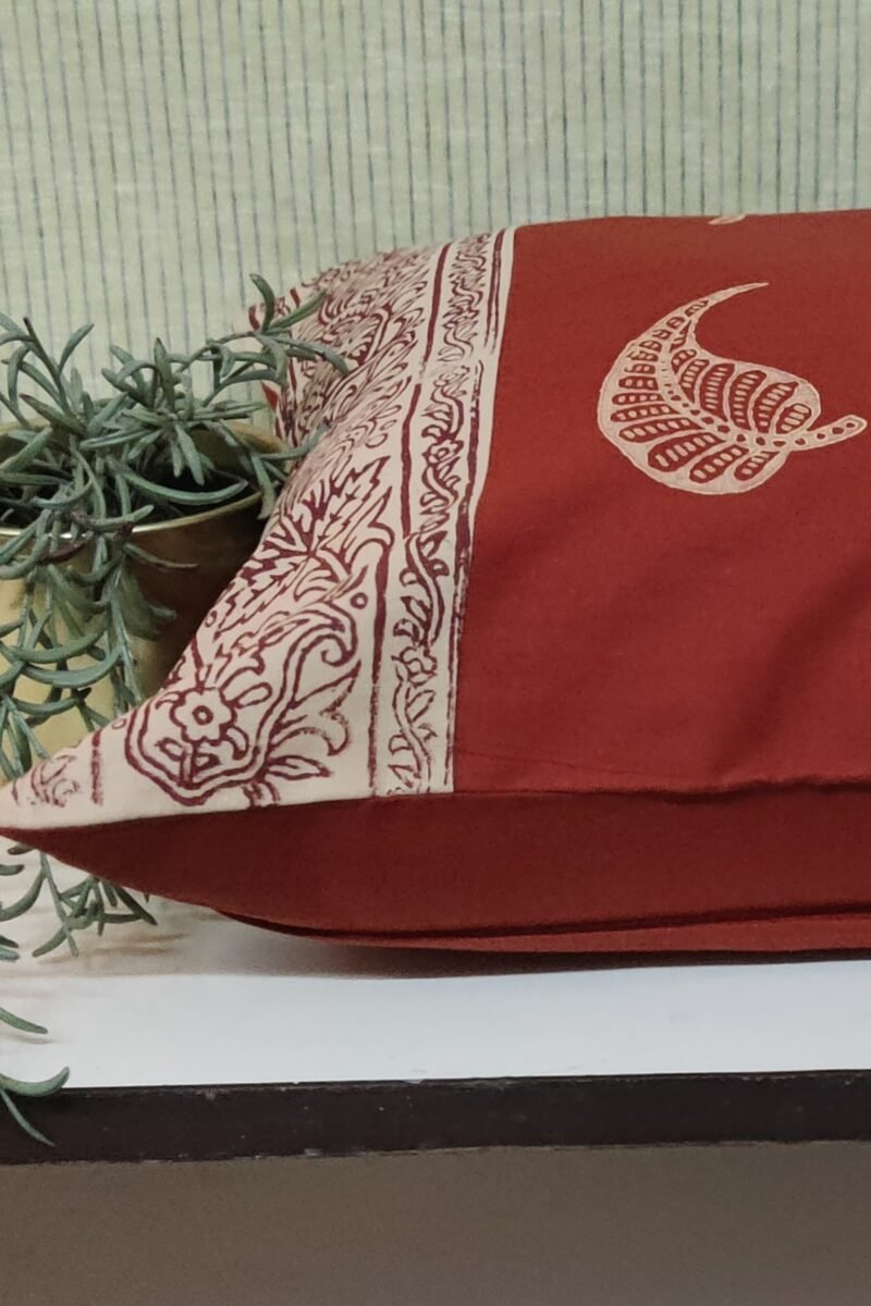 Cozy Cushion: Fawn and Rust With Single Leaf Hand Block Printed Cushion Cover 16" X 16" - Image 3