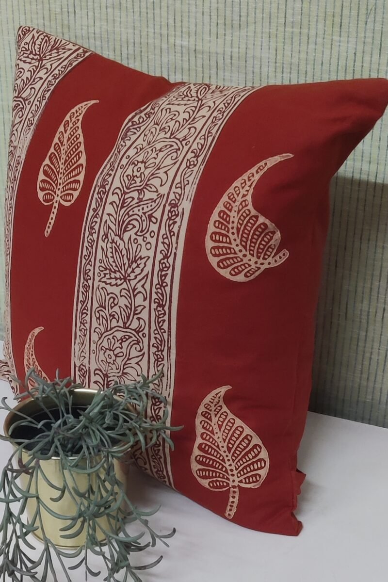 Cozy Cushion: Fawn and Rust With Single Leaf Hand Block Printed Cushion Cover 16" X 16" - Image 4
