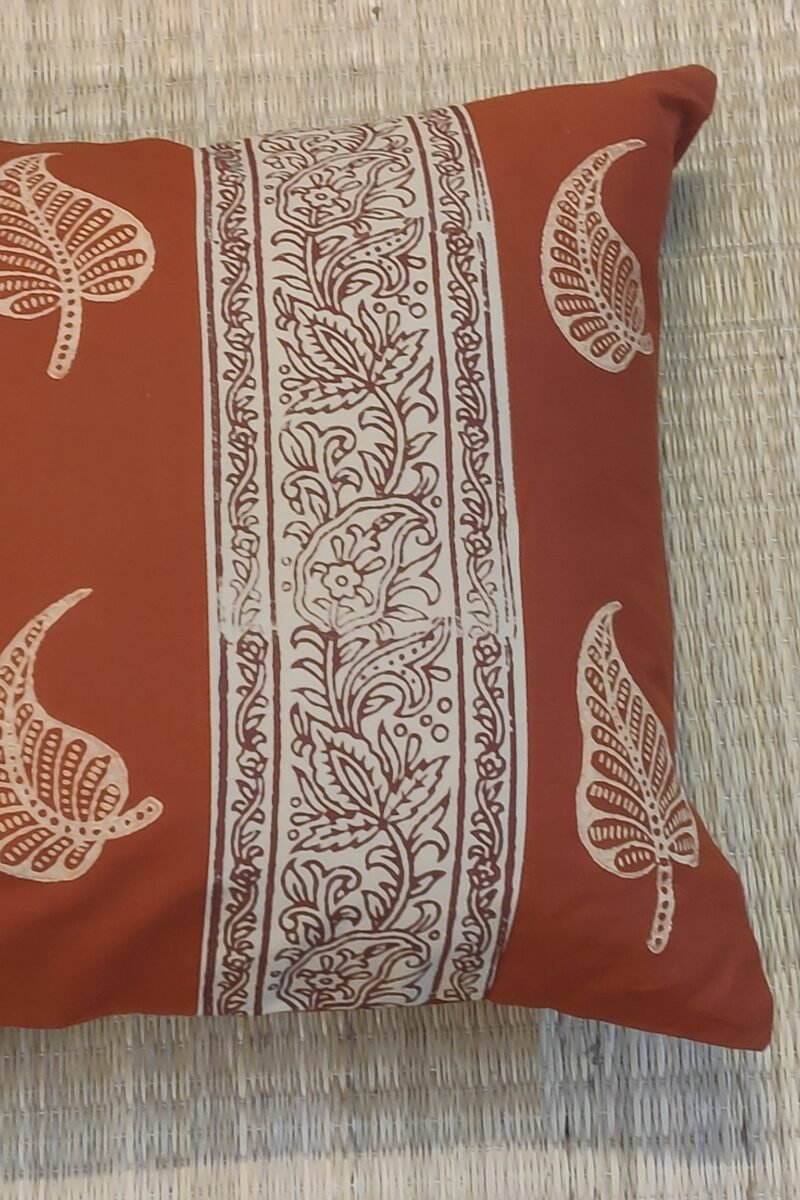 Cozy Cushion: Fawn and Rust With Single Leaf Hand Block Printed Cushion Cover 16" X 16" - Image 6