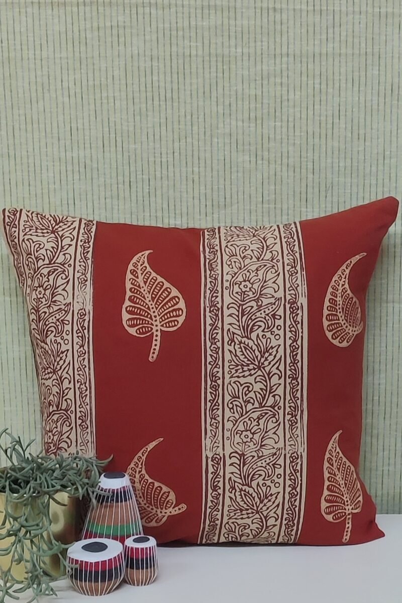 Cozy Cushion: Fawn and Rust With Single Leaf Hand Block Printed Cushion Cover 16" X 16"