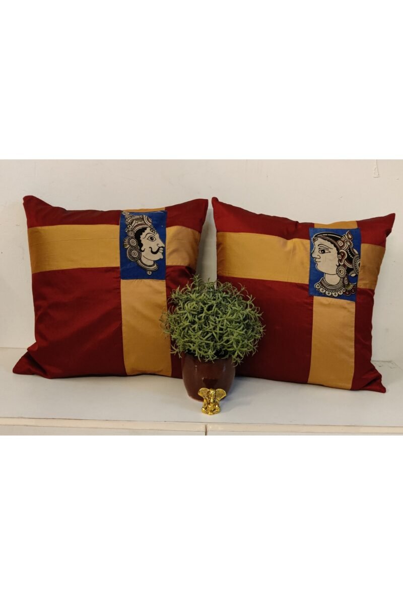 Cozy Cushion: Plain Maroon Silk Pattu with Male and Female Kalamkari Figures Cushion Cover 16" X 16" - Set of 2 - Image 2