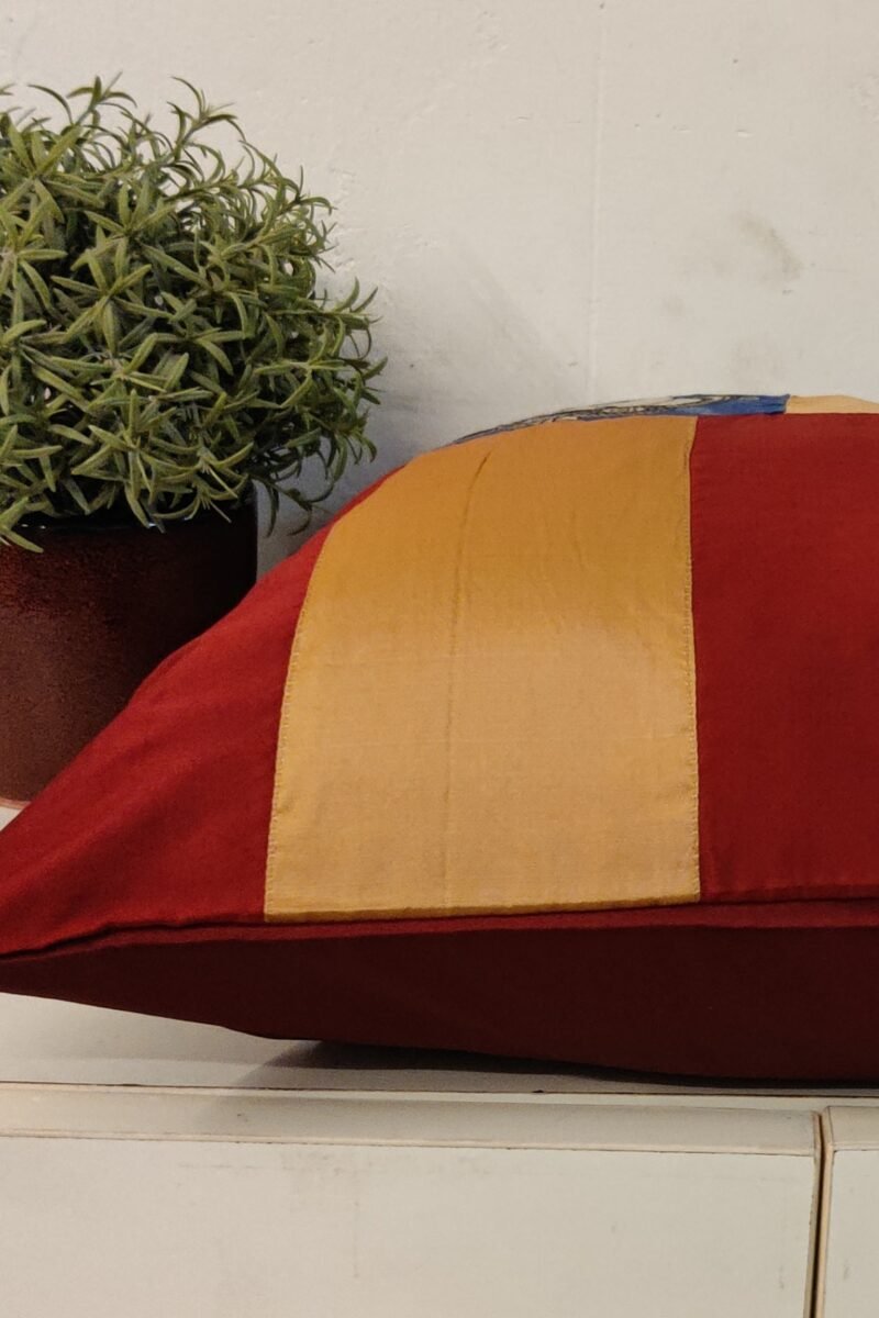 Cozy Cushion: Plain Maroon Silk Pattu with Male and Female Kalamkari Figures Cushion Cover 16" X 16" - Set of 2 - Image 3