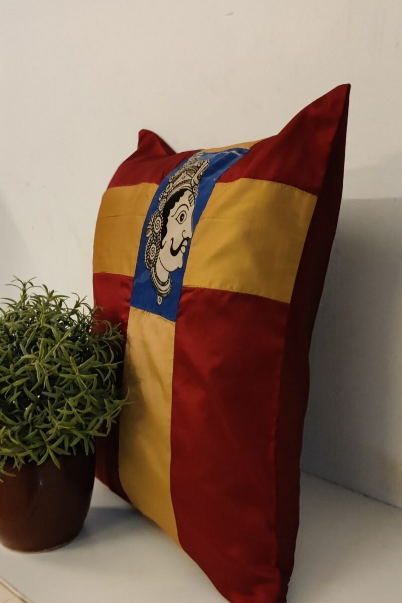 Cozy Cushion: Plain Maroon Silk Pattu with Male and Female Kalamkari Figures Cushion Cover 16" X 16" - Set of 2 - Image 4