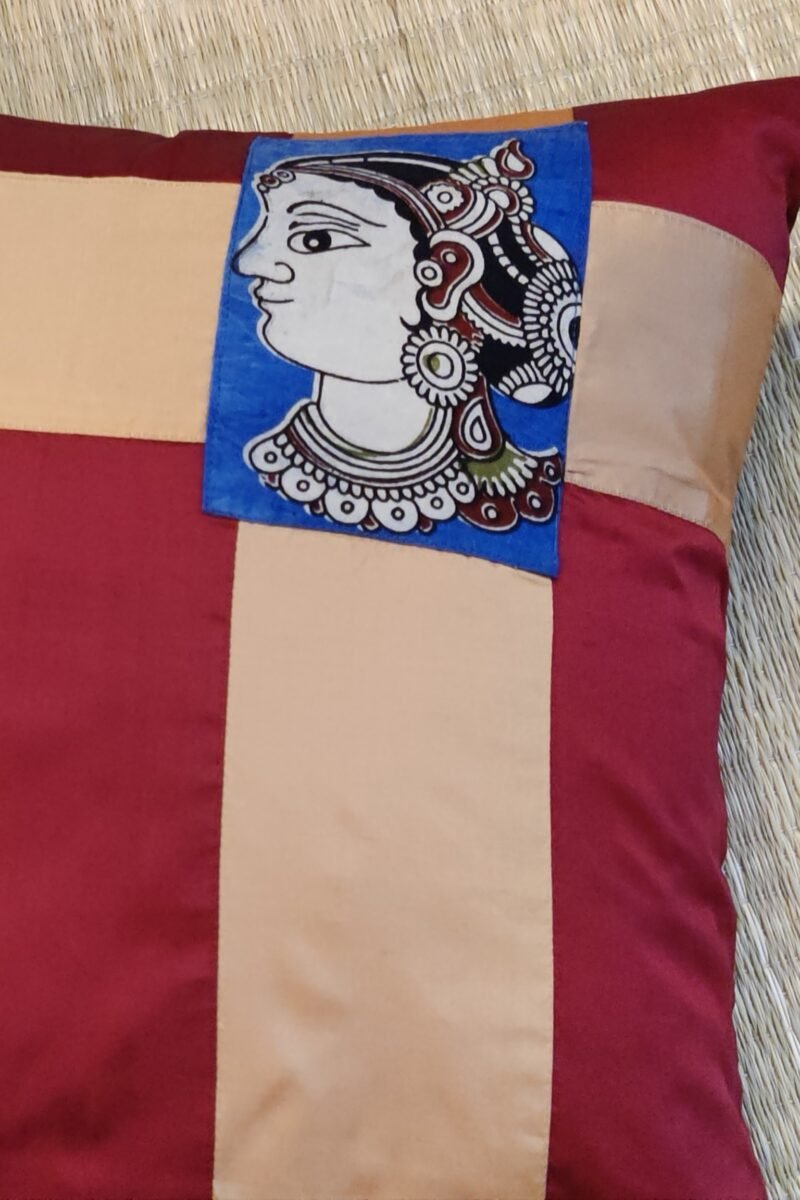 Cozy Cushion: Plain Maroon Silk Pattu with Male and Female Kalamkari Figures Cushion Cover 16" X 16" - Set of 2 - Image 5