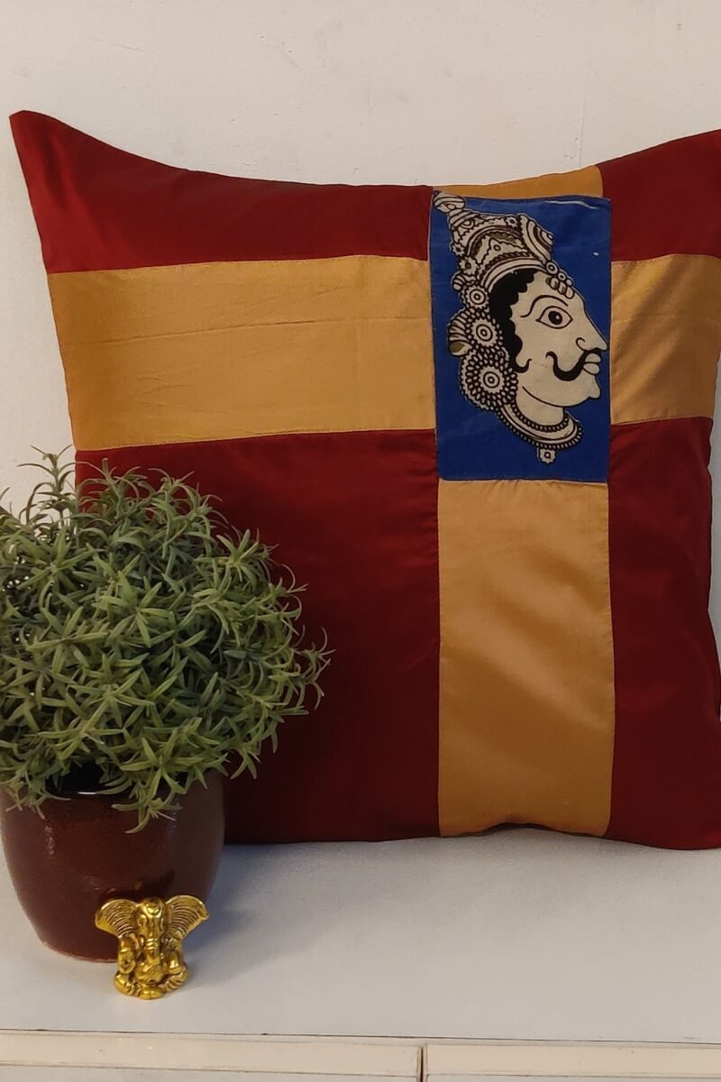 Cozy Cushion: Plain Maroon Silk Pattu with Male and Female Kalamkari Figures Cushion Cover 16" X 16" - Set of 2
