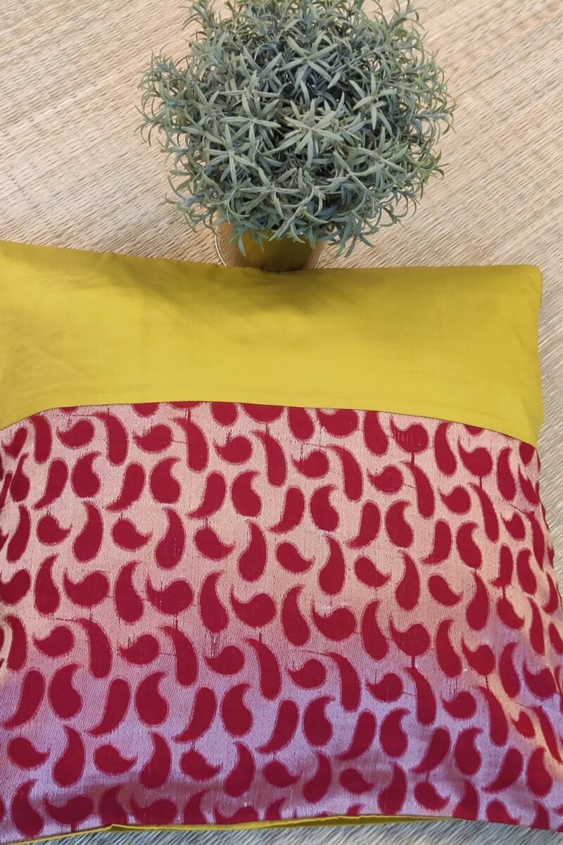 Cozy Cushion: Red Cotton Silk With Yellowish Green Kairi Pattern Cushion Cover 16" X 16" - Image 2