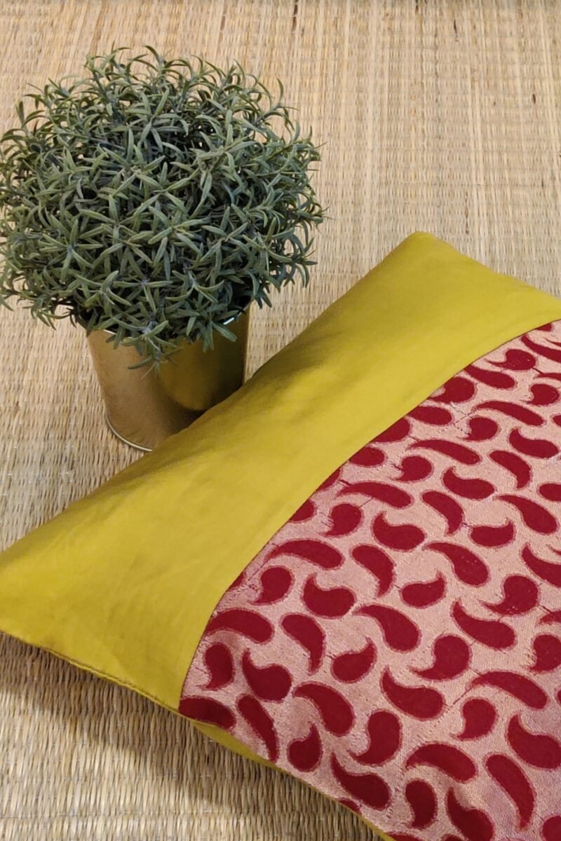 Cozy Cushion: Red Cotton Silk With Yellowish Green Kairi Pattern Cushion Cover 16" X 16" - Image 3