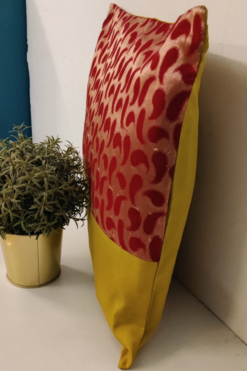 Cozy Cushion: Red Cotton Silk With Yellowish Green Kairi Pattern Cushion Cover 16" X 16" - Image 4