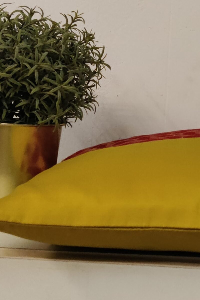 Cozy Cushion: Red Cotton Silk With Yellowish Green Kairi Pattern Cushion Cover 16" X 16" - Image 5