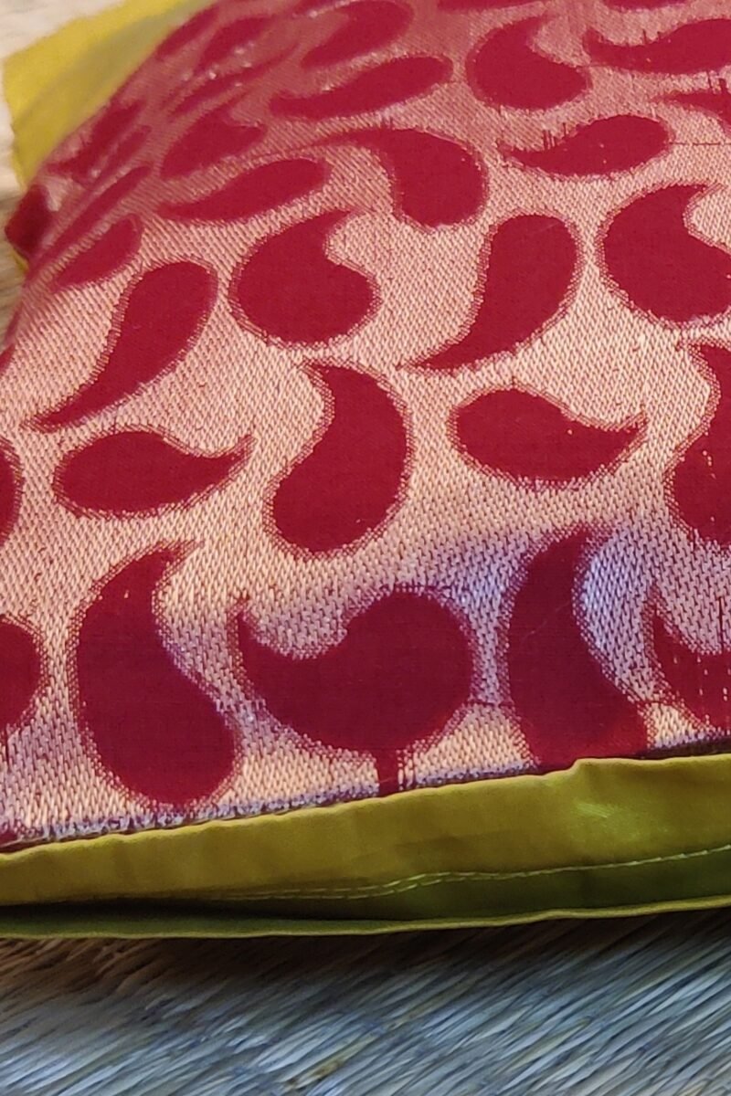 Cozy Cushion: Red Cotton Silk With Yellowish Green Kairi Pattern Cushion Cover 16" X 16" - Image 6