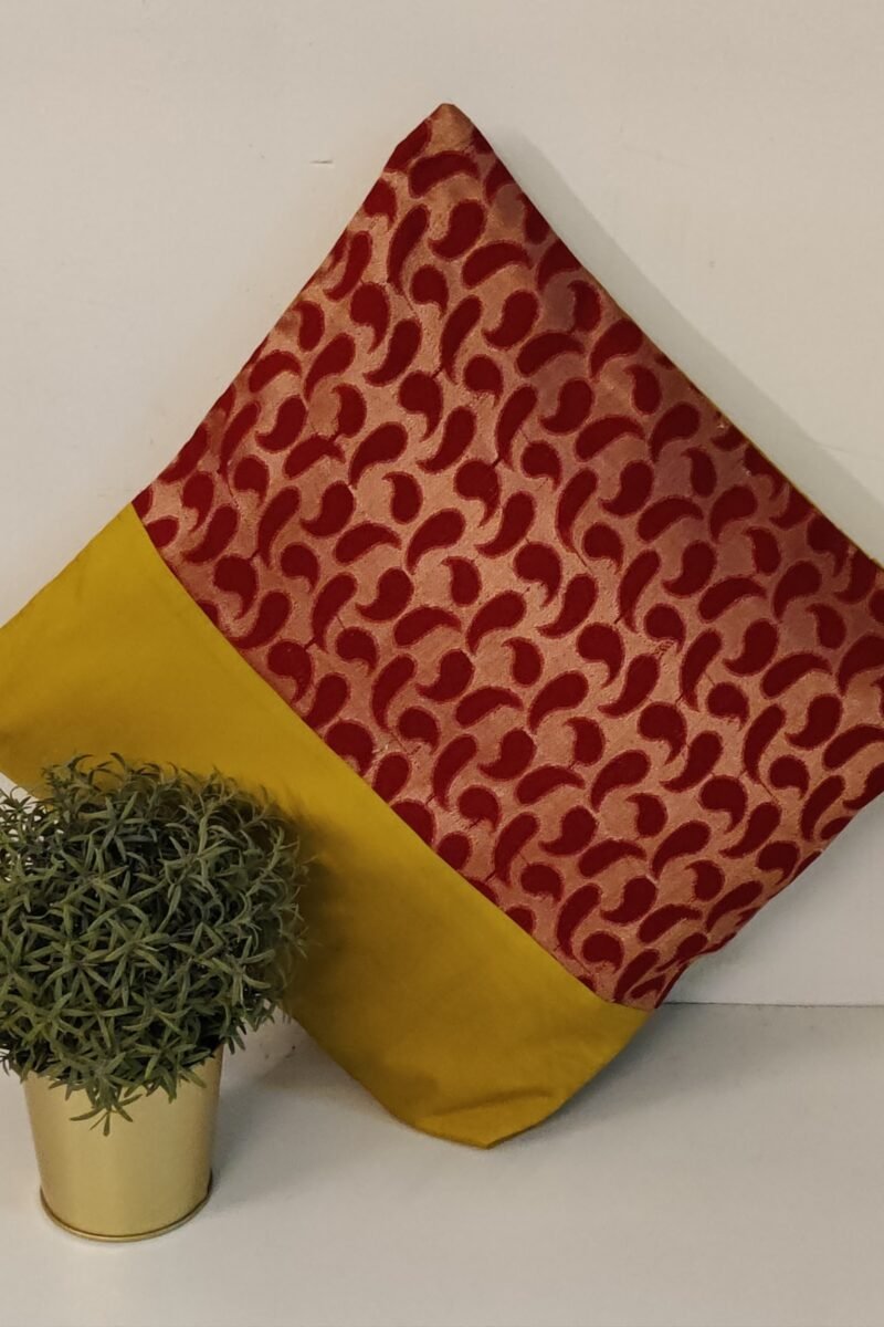 Cozy Cushion: Red Cotton Silk With Yellowish Green Kairi Pattern Cushion Cover 16" X 16"
