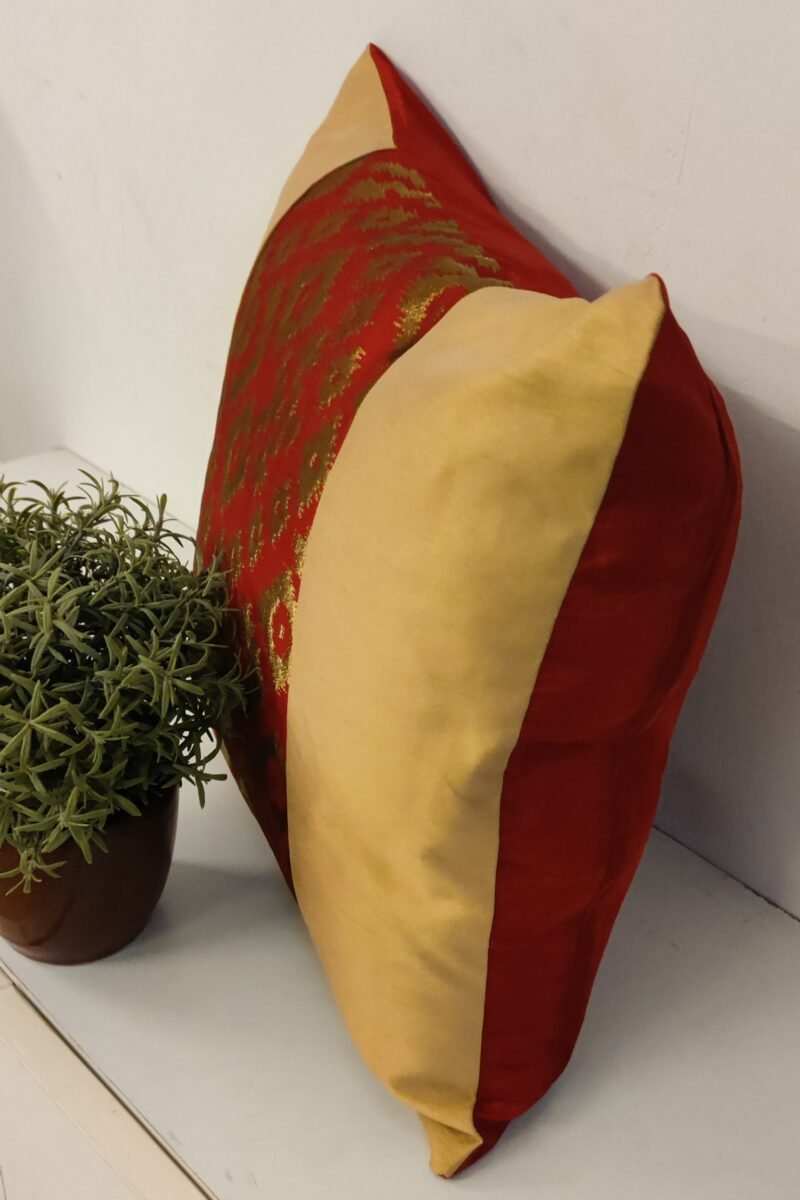 Cozy Cushion: Red Silk With Abstract Gold Diamond Weave Pattern Cushion Cover 16" X 16" - Image 2