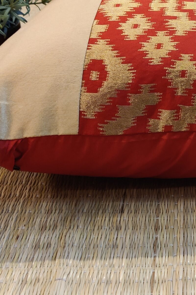 Cozy Cushion: Red Silk With Abstract Gold Diamond Weave Pattern Cushion Cover 16" X 16" - Image 3