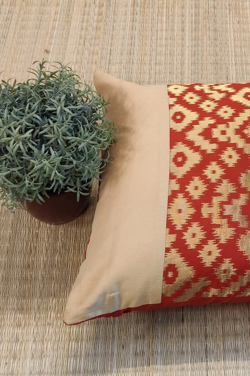 Cozy Cushion: Red Silk With Abstract Gold Diamond Weave Pattern Cushion Cover 16" X 16" - Image 4