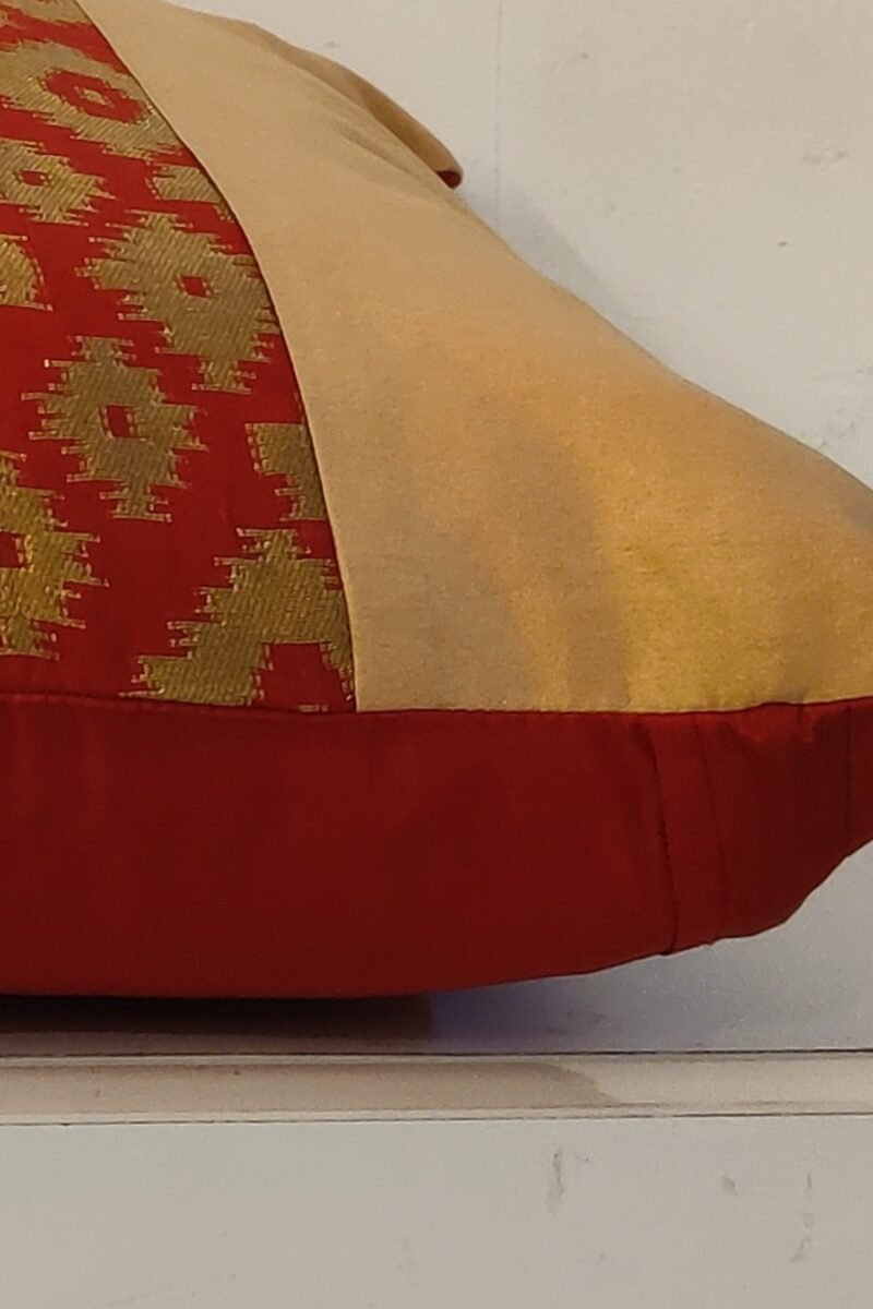 Cozy Cushion: Red Silk With Abstract Gold Diamond Weave Pattern Cushion Cover 16" X 16" - Image 5