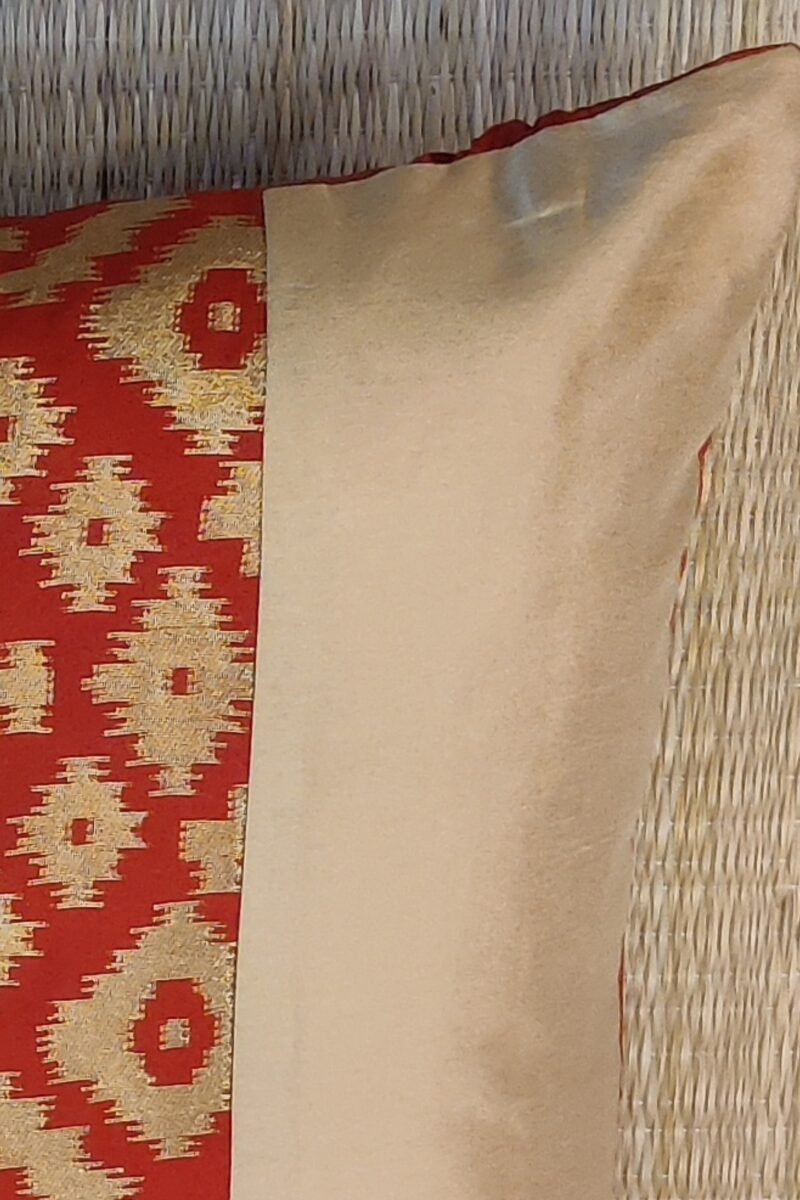 Cozy Cushion: Red Silk With Abstract Gold Diamond Weave Pattern Cushion Cover 16" X 16" - Image 6