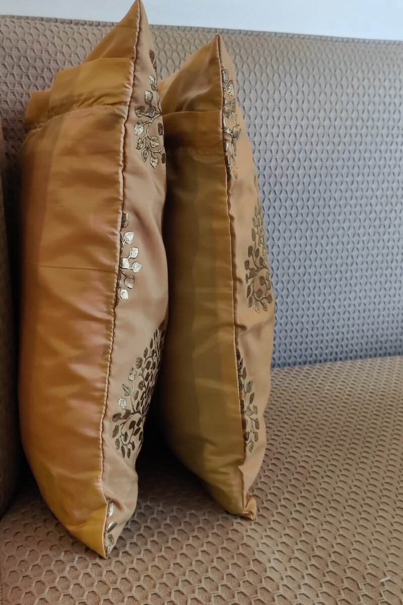 Cozy Cushion: Fawn Pattu Silk With Khadi Gold Tree Print Cushion Cover 16" X 16" - Image 2
