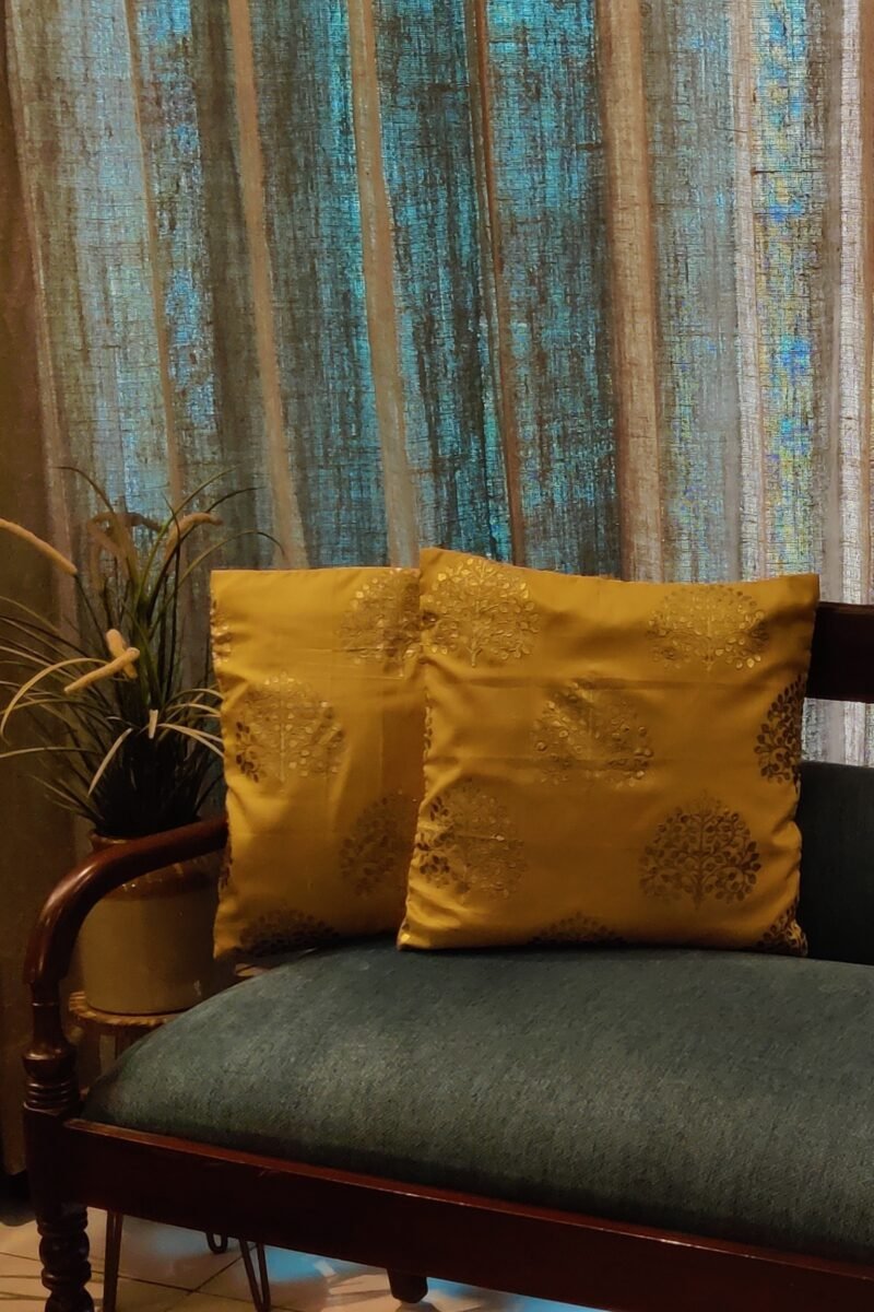 Cozy Cushion: Fawn Pattu Silk With Khadi Gold Tree Print Cushion Cover 16" X 16" - Image 3