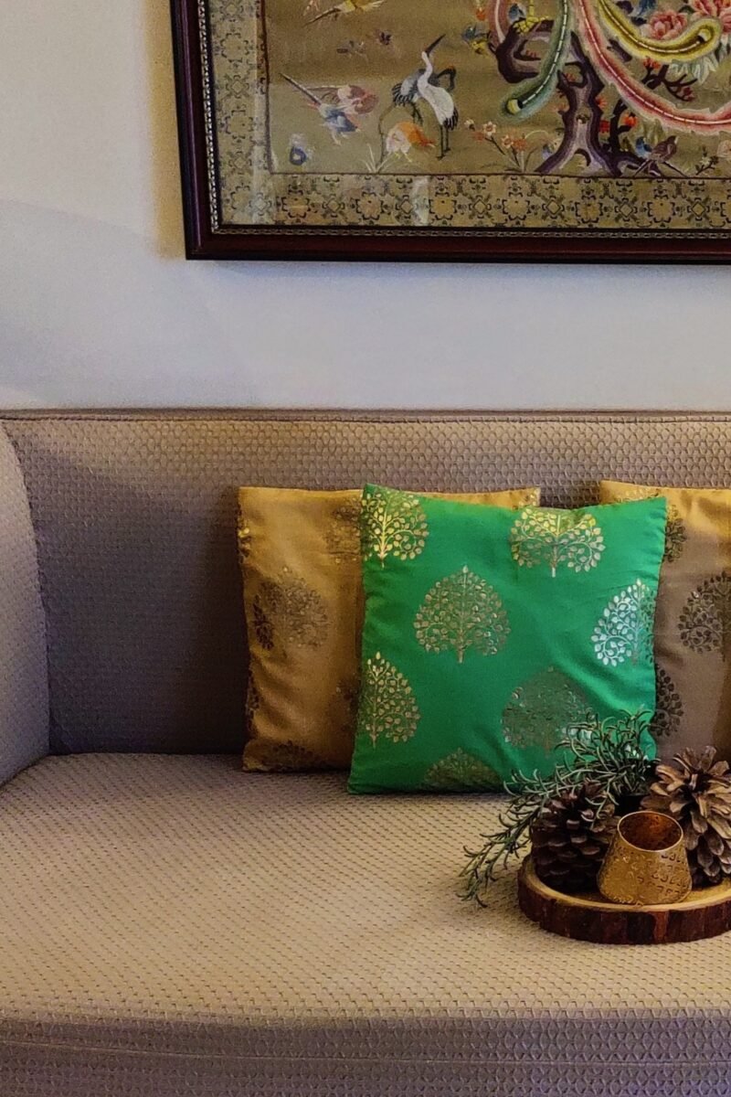 Cozy Cushion: Fawn Pattu Silk With Khadi Gold Tree Print Cushion Cover 16" X 16" - Image 4