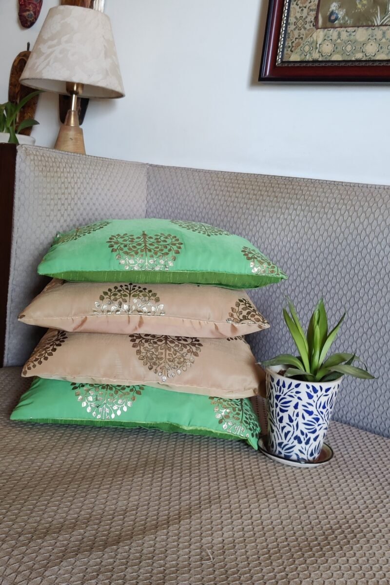 Cozy Cushion: Fawn Pattu Silk With Khadi Gold Tree Print Cushion Cover 16" X 16" - Image 5