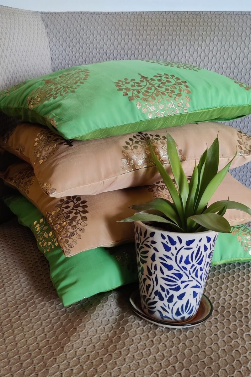 Cozy Cushion: Fawn Pattu Silk With Khadi Gold Tree Print Cushion Cover 16" X 16" - Image 6