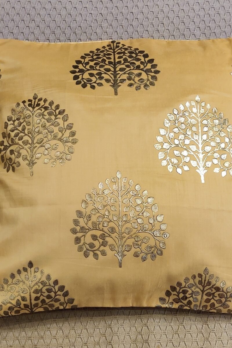 Cozy Cushion: Fawn Pattu Silk With Khadi Gold Tree Print Cushion Cover 16" X 16"