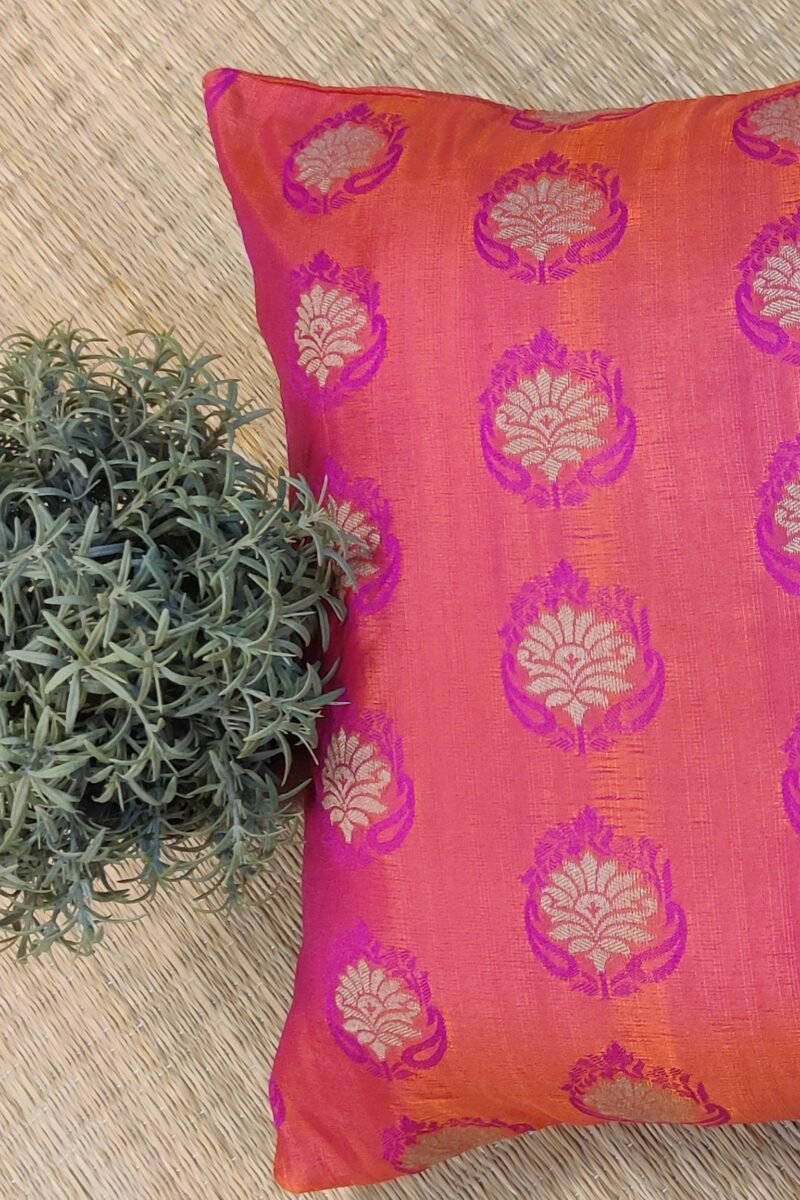 Cozy Cushion: Hot Pink Soft Silk With Gold Flower Motifs Cushion Cover 16" X 16" - Image 3