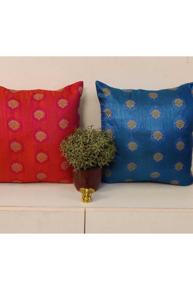 Cozy Cushion: Hot Pink Soft Silk With Gold Flower Motifs Cushion Cover 16" X 16" - Image 4