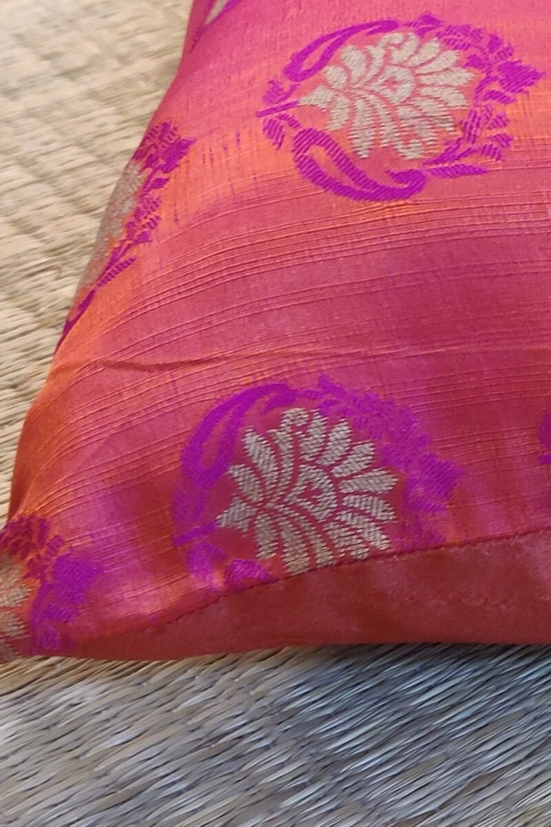 Cozy Cushion: Hot Pink Soft Silk With Gold Flower Motifs Cushion Cover 16" X 16" - Image 5