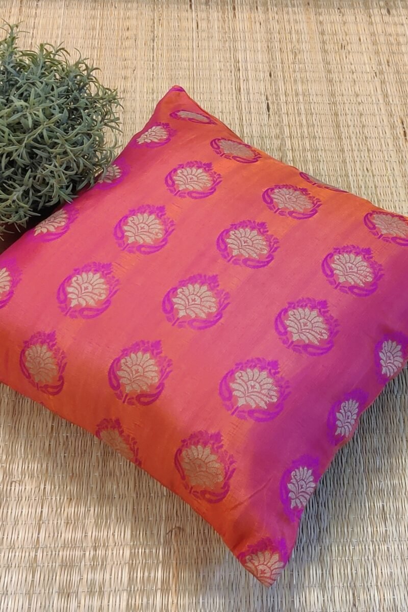 Cozy Cushion: Hot Pink Soft Silk With Gold Flower Motifs Cushion Cover 16" X 16"
