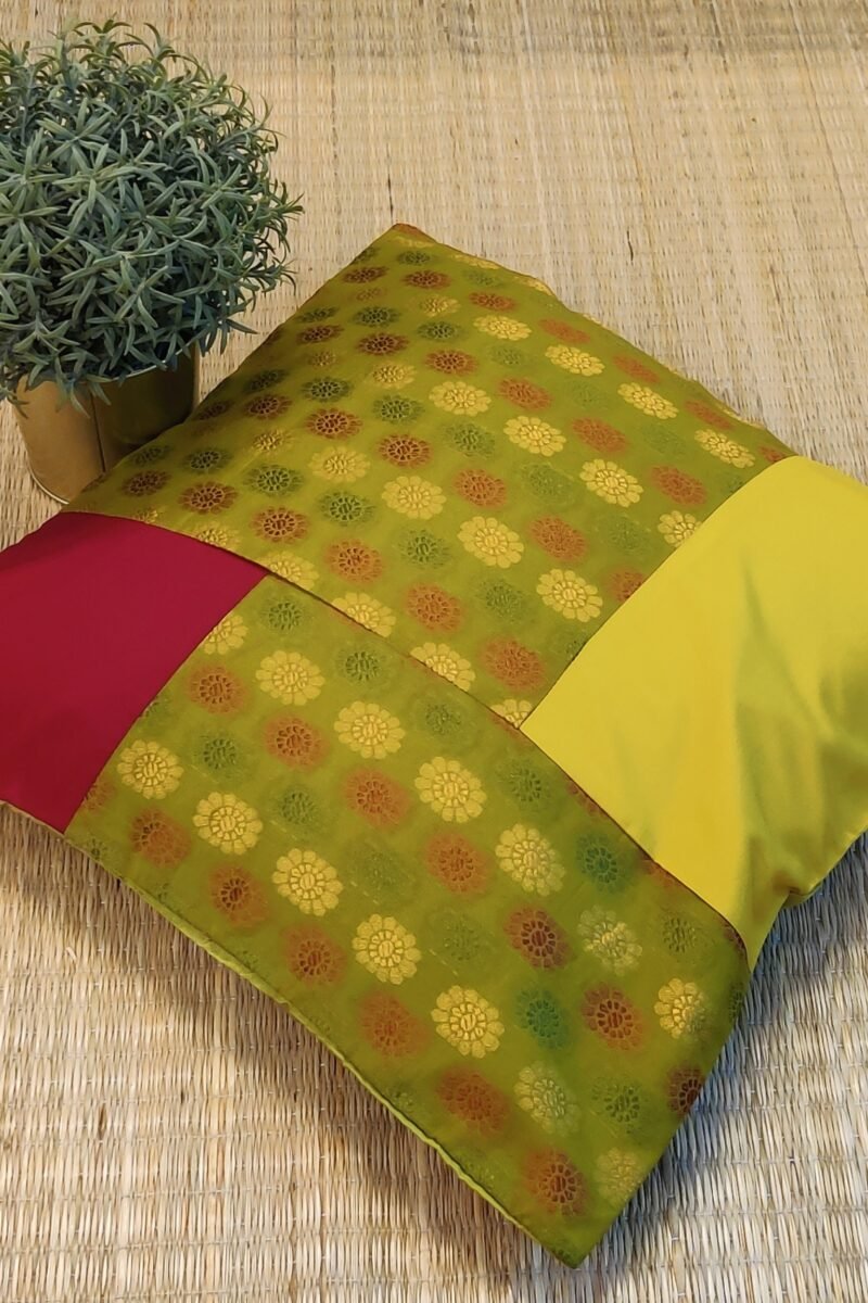 Cozy Cushion: Mehendi Green Cotton Pattu Silk With Maroon Box Pattern Cushion Cover 16" X 16" - Image 2