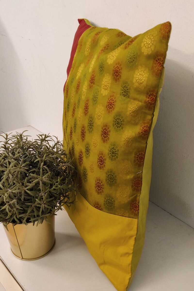 Cozy Cushion: Mehendi Green Cotton Pattu Silk With Maroon Box Pattern Cushion Cover 16" X 16" - Image 3