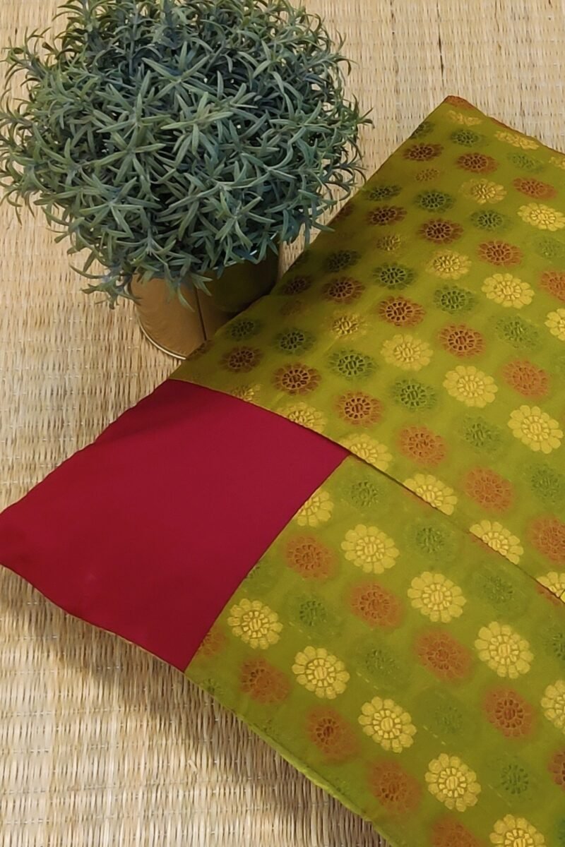 Cozy Cushion: Mehendi Green Cotton Pattu Silk With Maroon Box Pattern Cushion Cover 16" X 16" - Image 5