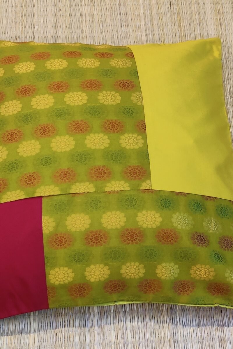 Cozy Cushion: Mehendi Green Cotton Pattu Silk With Maroon Box Pattern Cushion Cover 16" X 16" - Image 6
