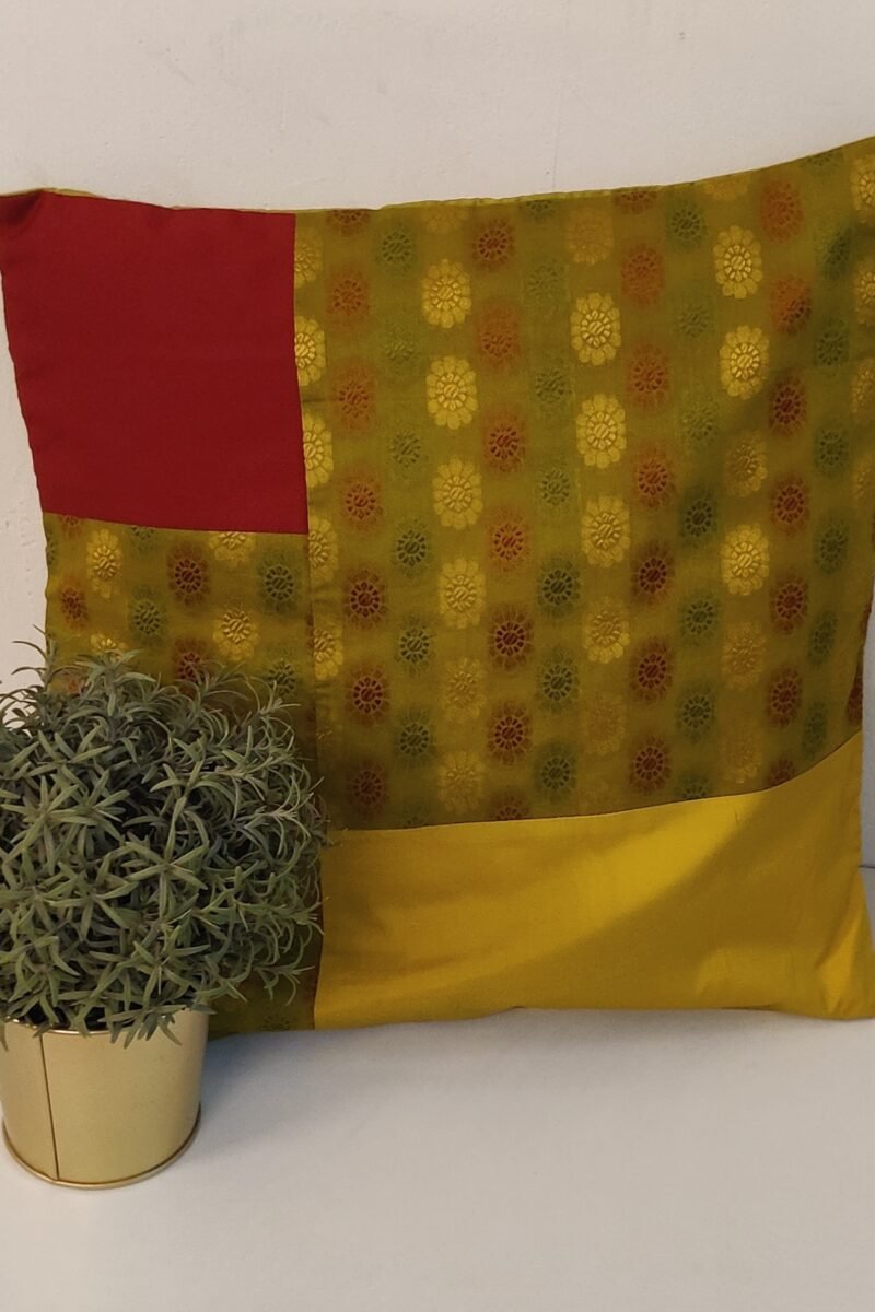 Cozy Cushion: Mehendi Green Cotton Pattu Silk With Maroon Box Pattern Cushion Cover 16" X 16"
