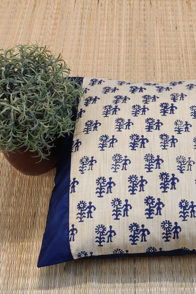 Cozy Cushion: Cream Tussar Silk With Figure and Flower Pattern in Navy Blue Cushion Cover 16" X 16" - Image 2