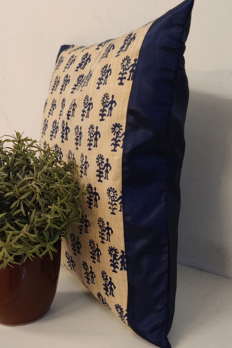 Cozy Cushion: Cream Tussar Silk With Figure and Flower Pattern in Navy Blue Cushion Cover 16" X 16" - Image 3