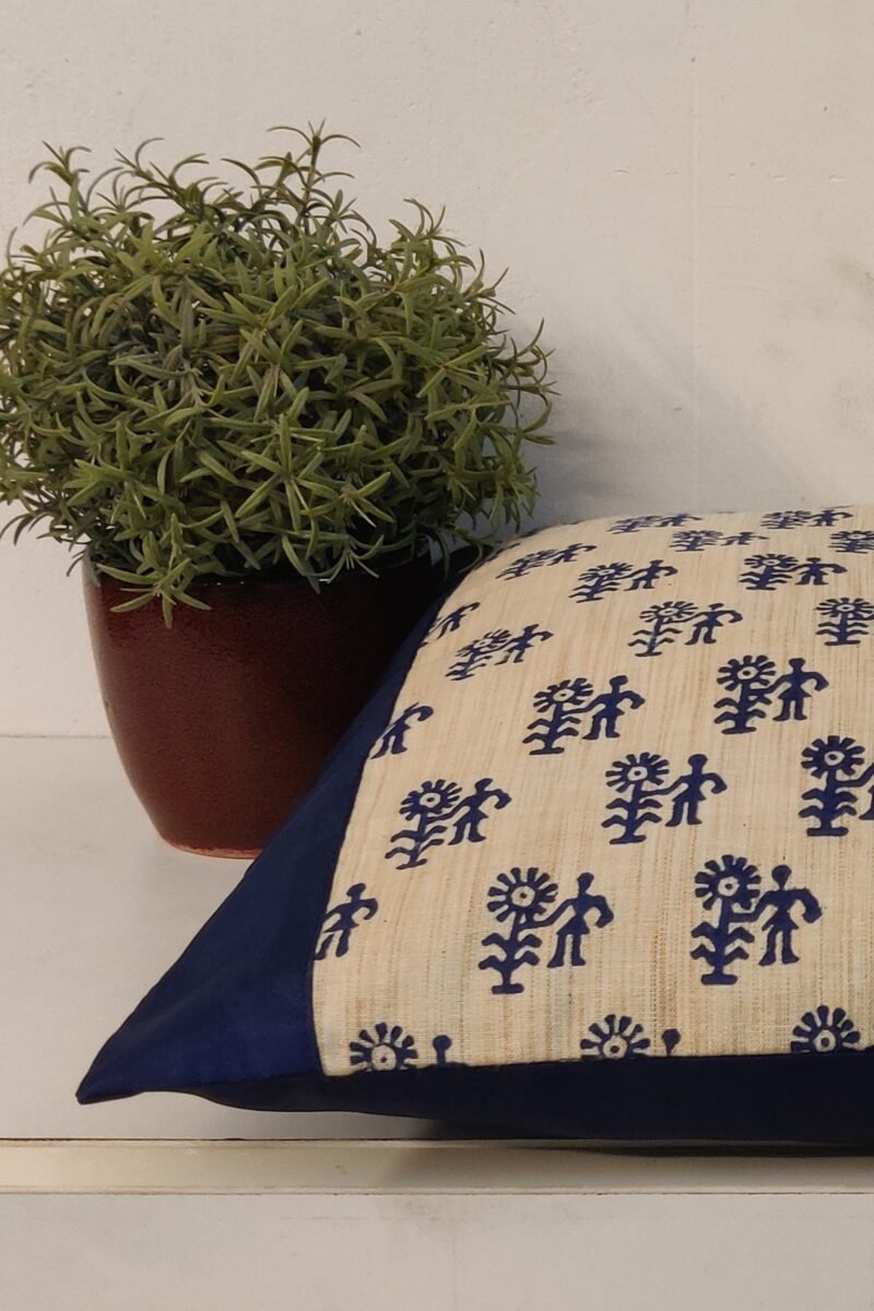 Cozy Cushion: Cream Tussar Silk With Figure and Flower Pattern in Navy Blue Cushion Cover 16" X 16" - Image 4